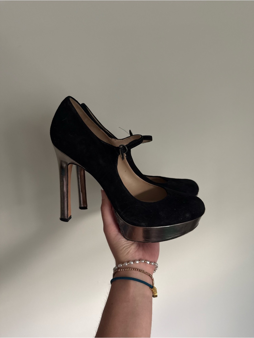 Joan & David Black Suede Mary Jane Platform Pumps with Metallic Heel